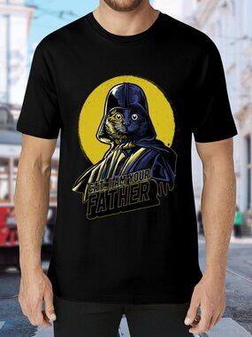 Black Graphic Tee with Yellow Cat Vader Design